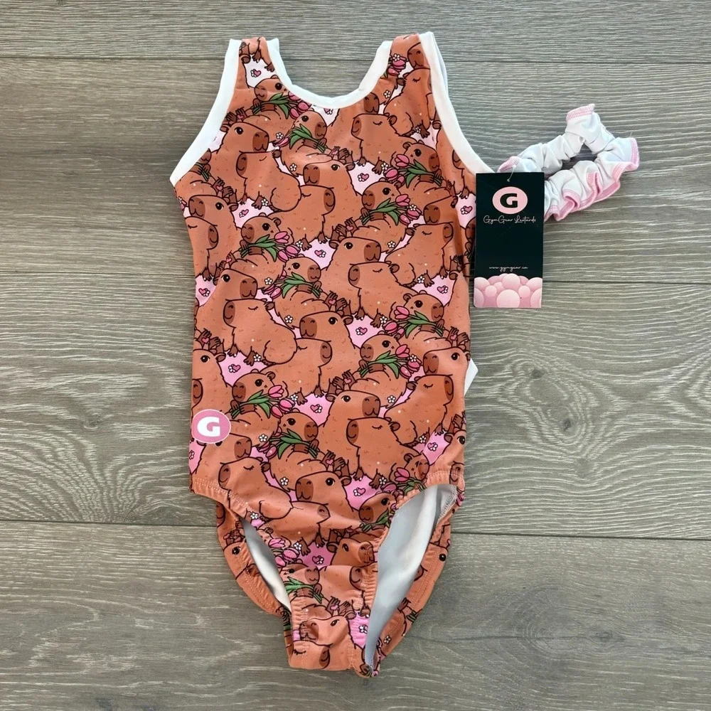 NWT Gym Gear Kids Brown Capybara Animal Print Gymnastics/Dance Leotard Size S‎